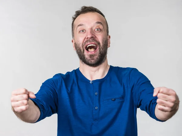 Funny Adult Man Guy Folling Gesturing Hands Positive Emotions Concept — Stock Photo, Image