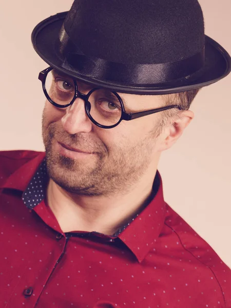 Lustiger Typ Mit Brille Und Fedora Hut Erwachsener Mann Mit — Stockfoto