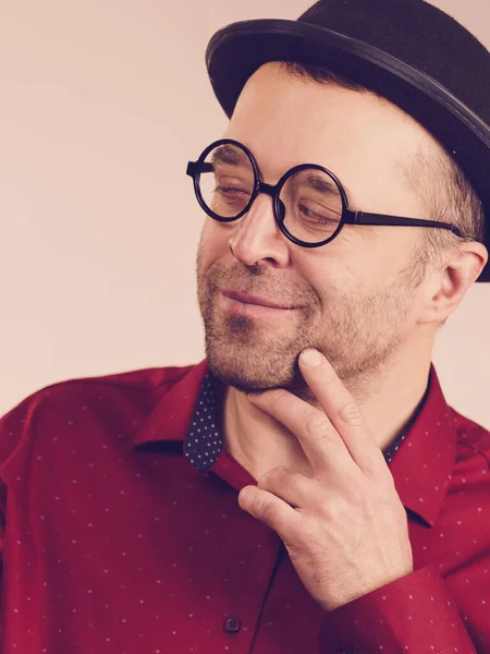 Funny Guy Wearing Eyeglasses Fedora Hat Adult Man Having Weird — Stock Photo, Image