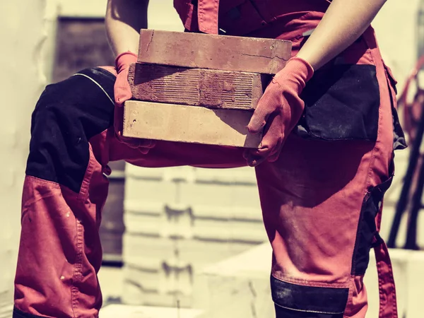 Unrecognizable Woman Working Construction Site Building House Installing Bricks Industrial — Stock Photo, Image