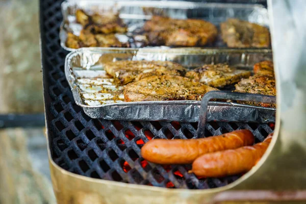 Delicious Marinated Assorted Meat Barbecue Grill Barbeque Dinner Outdoor — Stock Photo, Image