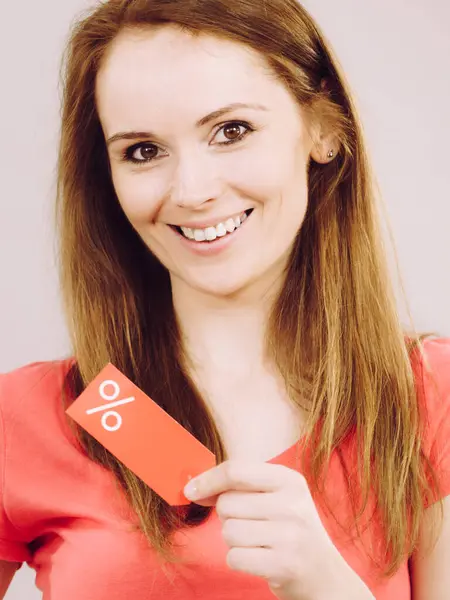 Smiling Happy Woman Holding Red Sale Tag Label Special Offer — Stock Photo, Image