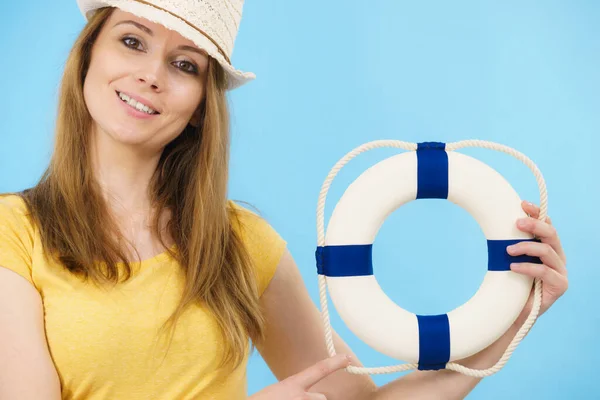 Woman Showing White Blue Life Buoy Ring Lifebelt Rope Safety — Stock Photo, Image