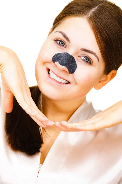 Woman Appying Clear Strips Nose Using Pore Cleansing Textile Mask — Stock Photo, Image