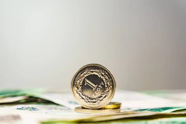 Polens Valuta Närbild Polera Många Sedlar Och Ett Zloty Mynt — Stockfoto