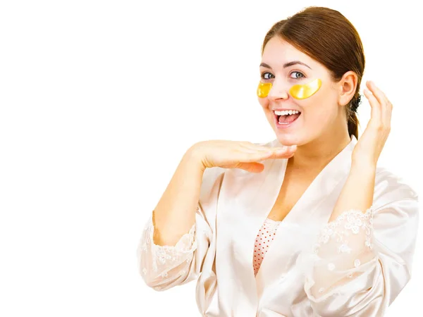 Woman Applying Golden Collagen Patches Eyes White Mask Removing Wrinkles — Stock Photo, Image