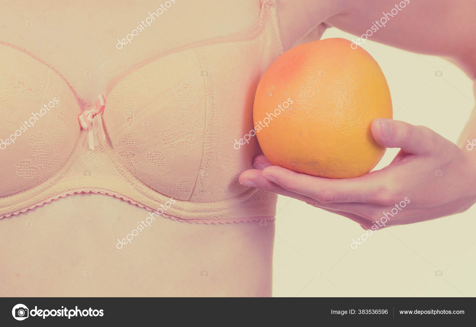 Young Woman Small Boobs Puts Big Fruit Grapefruit Her Bra Stock