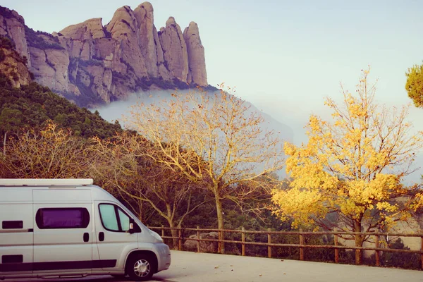 Caravan in Montserrat mountain range near Barcelona in Catalonia Spain. Tourist attraction. Place to visit. Traveling with motor home.