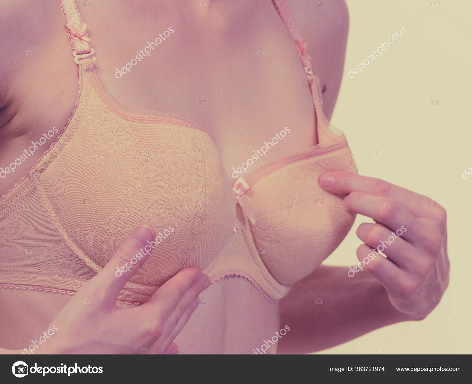 Slim Young Woman Small Boobs Wearing Too Big Bra Cup Stock Photo