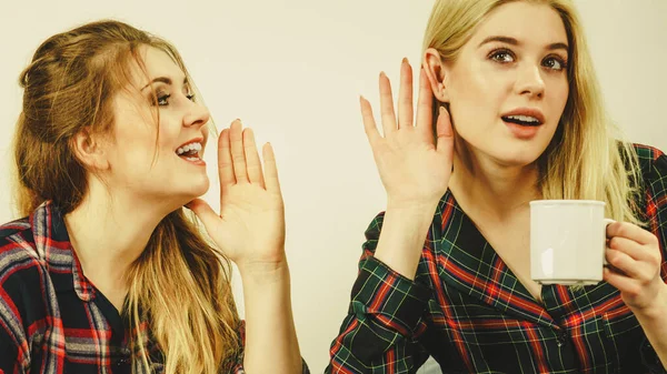 Duas Amigas Sentadas Juntas Sofá Conversando Fofocando Bebendo Chá Café — Fotografia de Stock