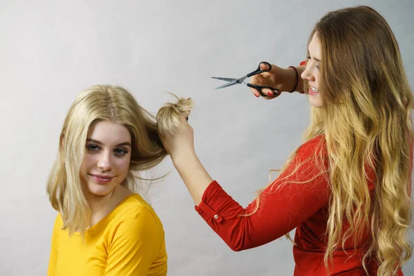 Hairstyle and haircut. Young female barber holding scissors tool ready to trimming hair her friends. Two girls creating new hairdo coiffure