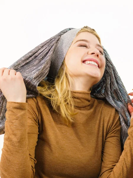 Hilarious Young Woman Playing Having Skirt Her Head Fooling Isolated — Stock Photo, Image