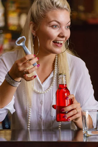 Woman Working Bar Counter Holding Red Bottle Lemonade — Stock Photo, Image