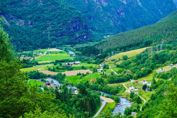 Summer Mountains Landscape Norway Green Valley River House Buildings National — Stock Photo, Image
