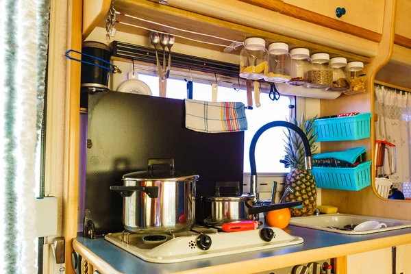 Caravan Kitchen Area Cooking Campervan Holidays Adventure Motor Home Van — Stock Photo, Image