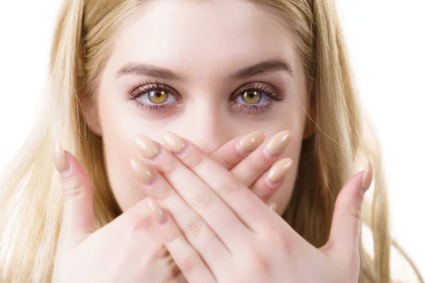Close Young Blonde Woman Showing Silence Gesture Hiding Her Mouth — Stock Photo, Image