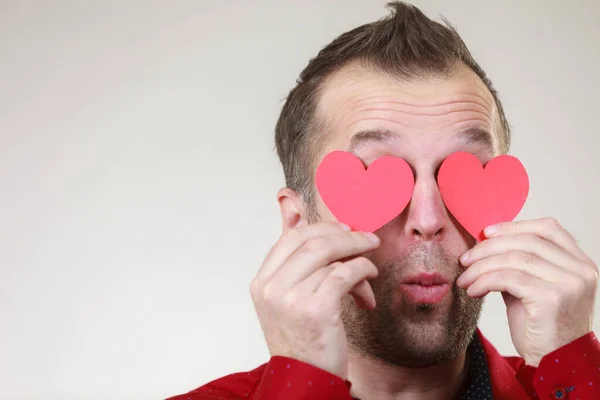 Adult Funny Man Covering Eyes Red Hearts Male Blinded Love — Stock Photo, Image