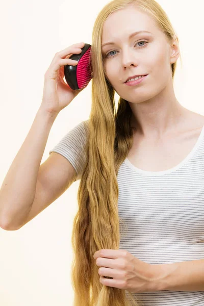 Blonde Girl Brush Combing Her Long Hair Girl Taking Care — Stock Photo, Image