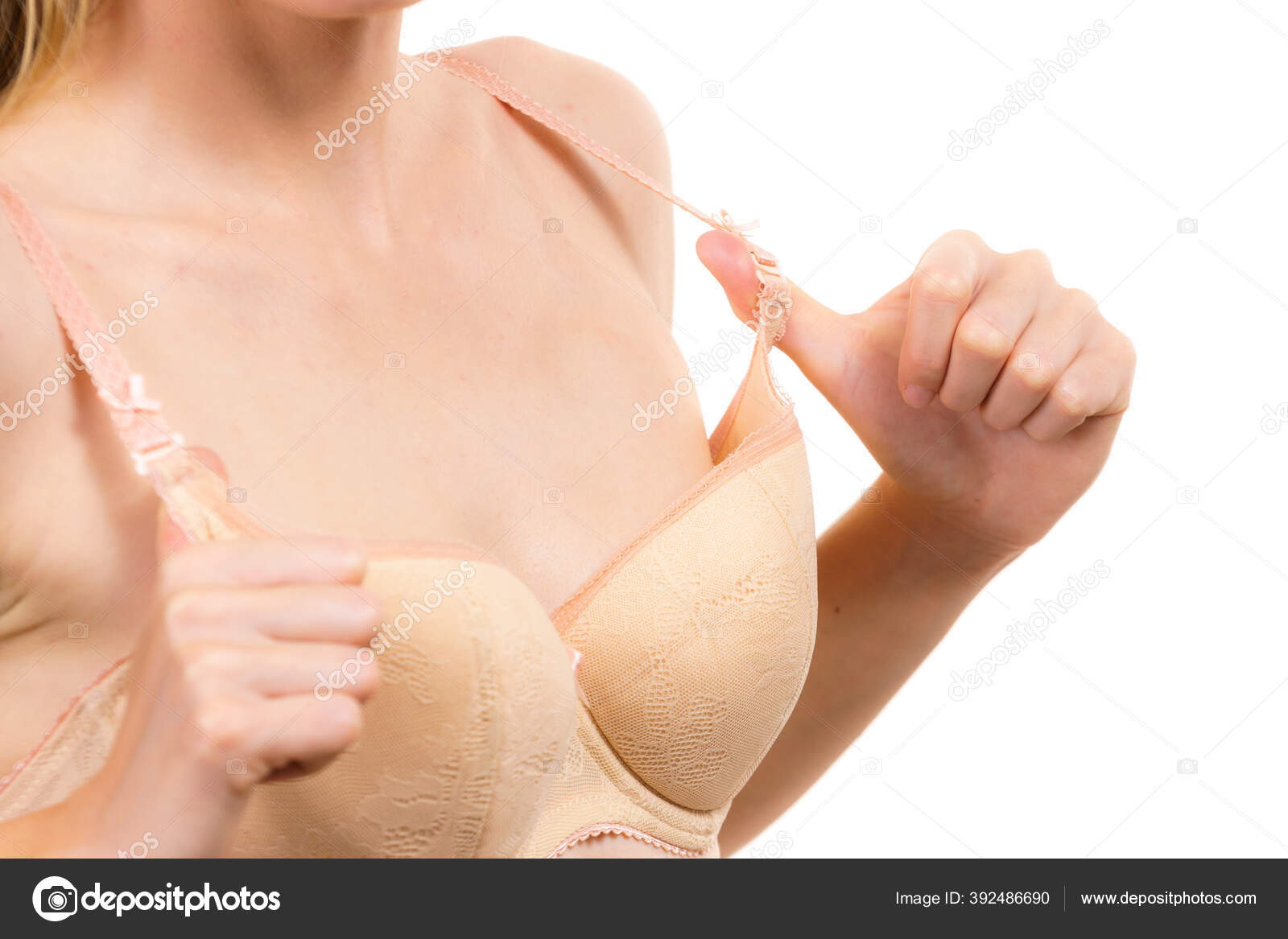 Female wearing too big bra Stock Photo