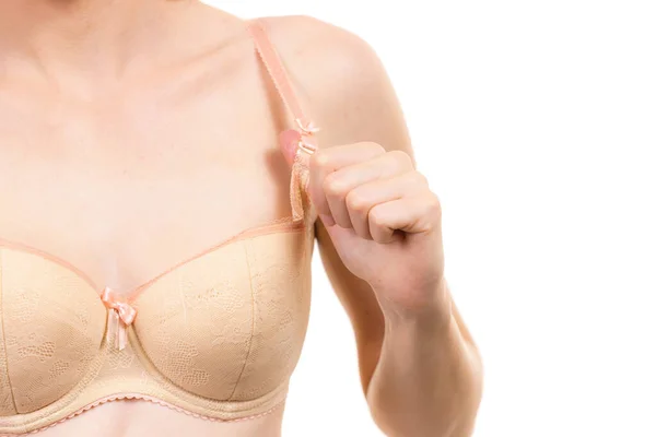 маленькие сиси Стройная Молодая Женщина Маленькие Сиськи Носить Слишком Большие Чашки Бюстгальтера — Стоковое фото © Voyagerix #656135578