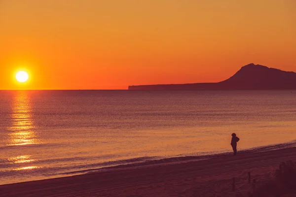 Vista Trasera Persona Silueta Playa Mirando Horizonte Disfrutando Del Amanecer —  Fotos de Stock