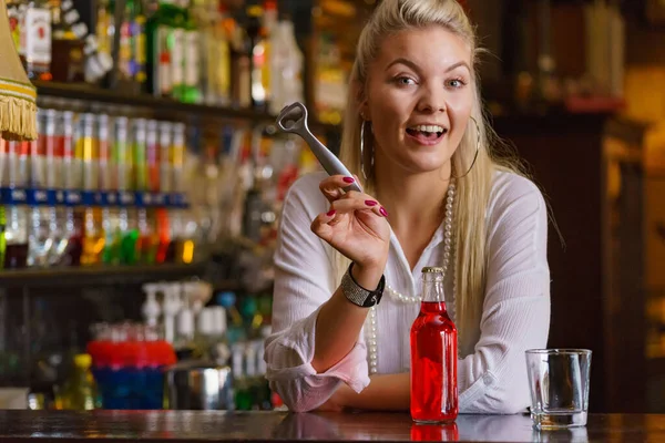 Woman Working Bar Counter Holding Red Bottle Lemonade — Stock Photo, Image