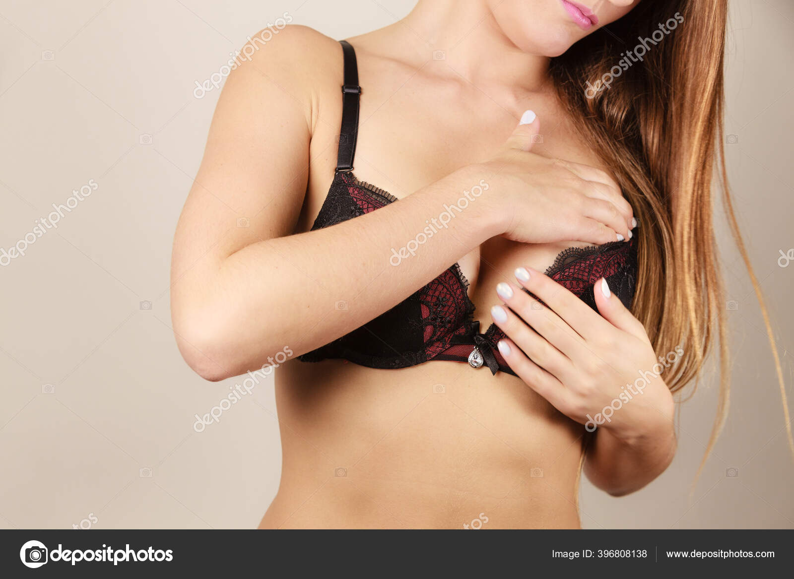 Woman Black Bra Lace Lingerie Taking Care Her Breasts Closeup Stock Photo by ©Voyagerix 396808138 picture