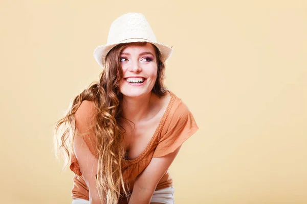 Holidays Summer Fashion Girl Fashionable Clothes Straw Hat Laughing Portrait — Stock Photo, Image