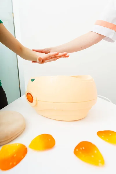 Handcare Beauty Studio Wellness Treatments Concept Woman Getting Paraffin Hand — Stock Photo, Image
