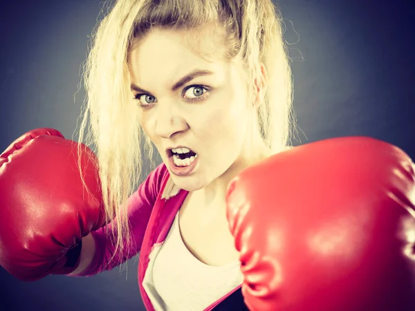 Sporty Angry Determined Woman Wearing Red Boxing Gloves Fighting Studio — Stock Photo, Image