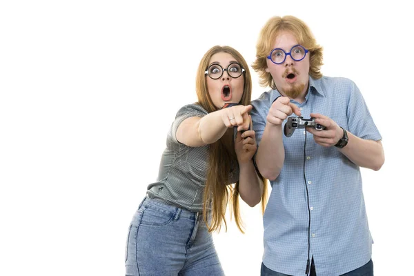 Happy Couple Enjoying Leisure Time Playing Video Games Together Studio — Stock Photo, Image