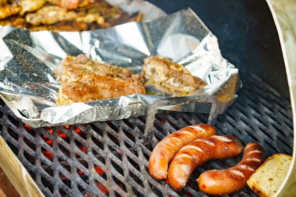 Delicious Marinated Assorted Meat Barbecue Grill Barbeque Dinner Outdoor — Stock Photo, Image