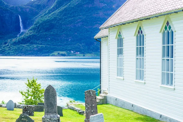 Norwegian White Wooden Church Nes Village Fjord Lusterfjord Vestland County — Fotografia de Stock