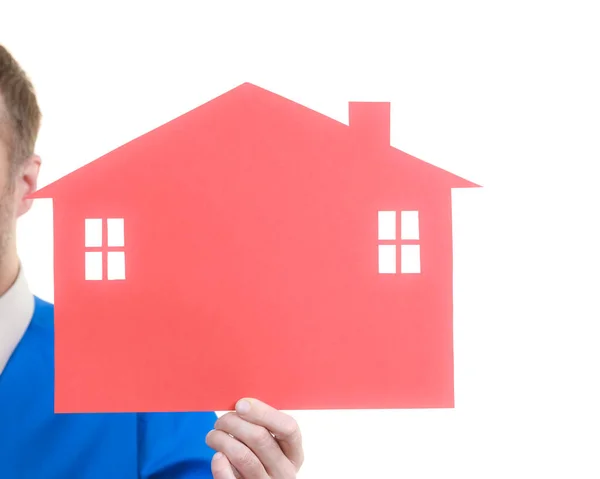 Unrecognizable Man Holding Small Red House Made Paper Model Hand — Stock Photo, Image