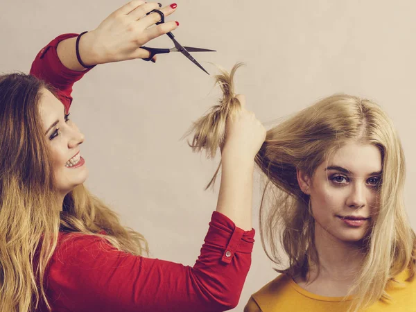 髪型や髪型 若い女性床屋は彼女の友人の髪をトリミングする準備ができてはさみツールを保持 二人の女の子が新しいヘアドコフィールを作成します — ストック写真