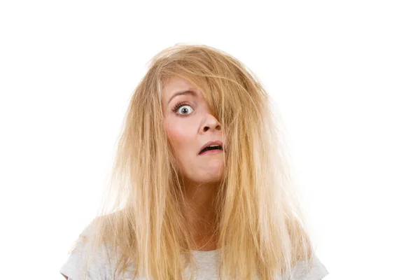 Bad Hairstyle Concept Crazy Mad Blonde Woman Messy Hair Looking Royalty Free Stock Images