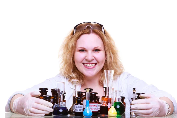 Science Education Scientist School Laboratory Girl Many Chemical Beakers Student — Stock Photo, Image