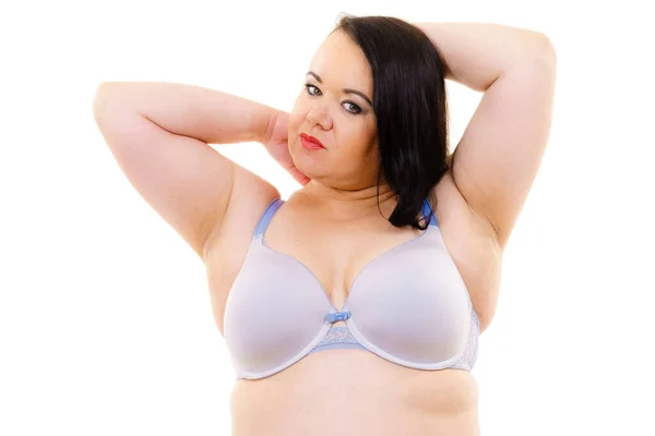 Velká Tlustá Dospělá Žena Pohodlné Podprsence Bílém Ženská Prsa Spodním — Stock fotografie