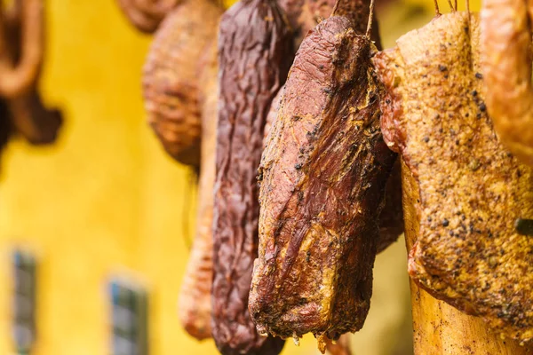 Traditional Food Smoked Sausages Ham Meat Hanging Domestic Smokehouse Strings — Stock Photo, Image