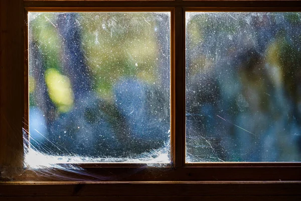 Old Vintage Wooden Dirty Window Cobweb — Stock Photo, Image