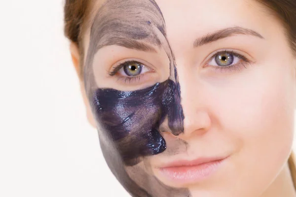 Skin Care Woman Charcoal Facial Mask Deep Cleanser Half Face — Stock Photo, Image