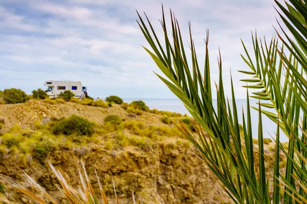 Palm Tree Caravan Camping Cliff Cala Mochuela Spanish Landscape Almeria — Stock Photo, Image