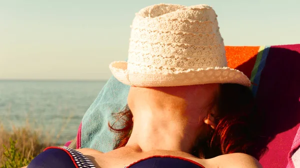 Travel Freedom Concept Tourist Mature Woman Relaxing Chair Sunbathing Enjoying — Stock Photo, Image