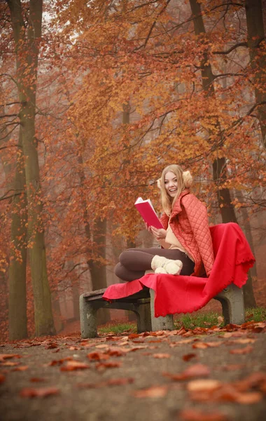 Autumn Time Education Concept Blonde Girl Book Attractive Woman Sitting — Stock Photo, Image