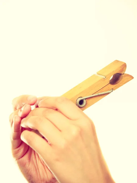 Woman Hands Holding Big Clothespin Bright — Stock Photo, Image