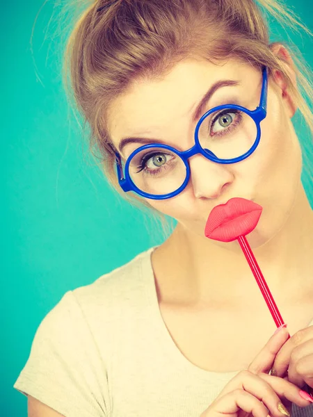 Lovely Sweet Woman Casual Style Nerdy Glasses Holding Red Fake — Stock Photo, Image