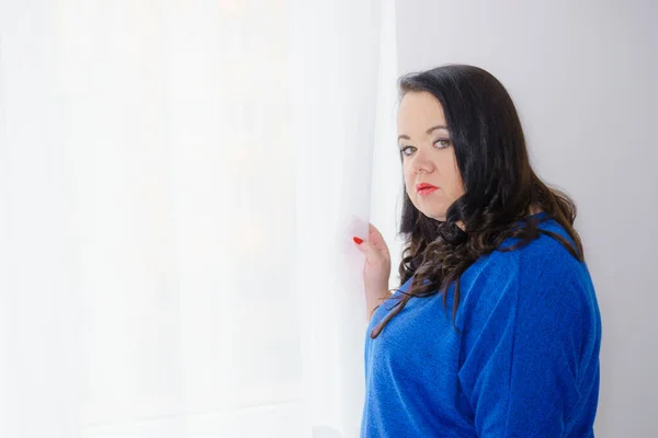 Adult Size Pensive Woman Long Dark Hair Make Standing Home — Stock Photo, Image