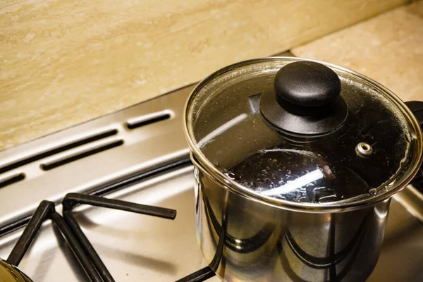 Kitchen Pot Herbal Tea Gas Stove Top View — Stock Photo, Image