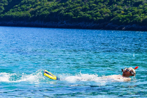 Man Diver Snorkel Equipment Snorkeling Mask Tube Ocean Water Summer — Stock Photo, Image