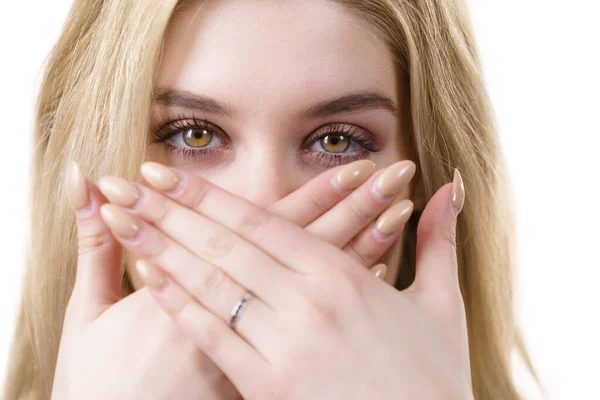 Close Young Blonde Woman Showing Silence Gesture Hiding Her Mouth — Stock Photo, Image